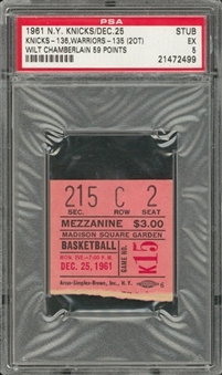 1961 New York Knicks vs Philadelphia Warriors Ticket Stub From 12/25/1961 - Wilt Chamberlain Scores 59 Points (PSA-EX 5)